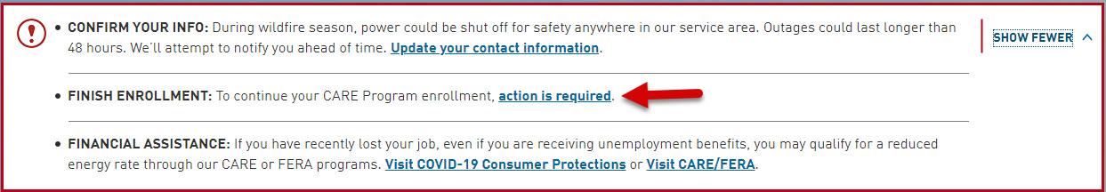 Arrow pointing to action is required for CARE enrollment on alerts banner online.jpg