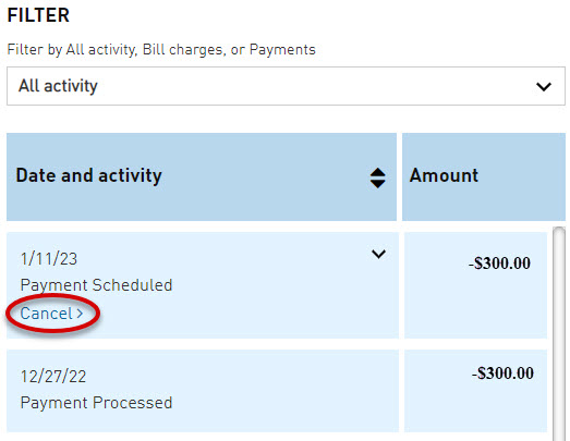 Payment history with cancel circled on scheduled payment