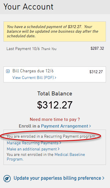 Your account dashboard enrolled in recurring payments