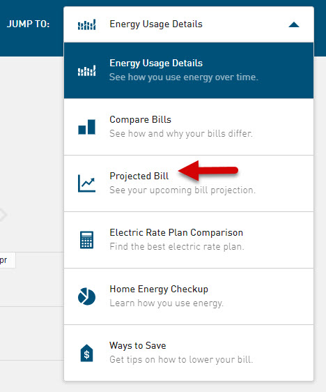 Energy Usage details drop down with arrow pointing to projected bill