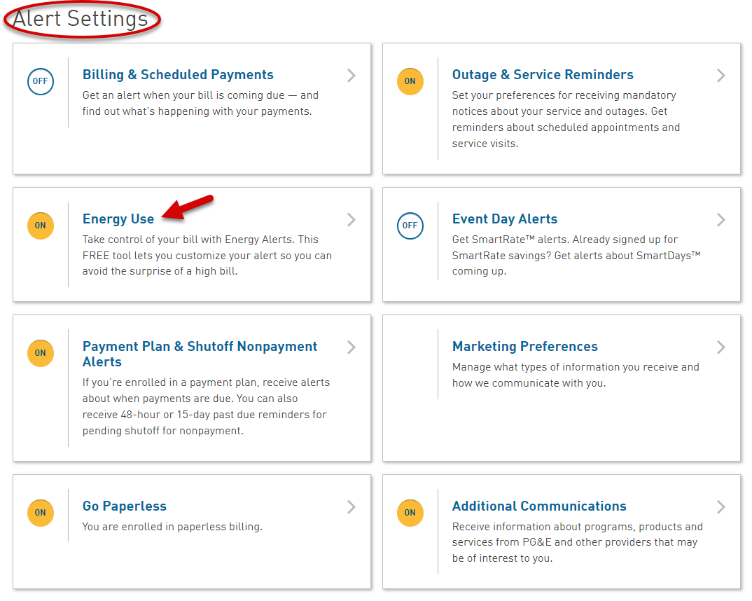 Alert settings with arrow pointing to Energy Use alert