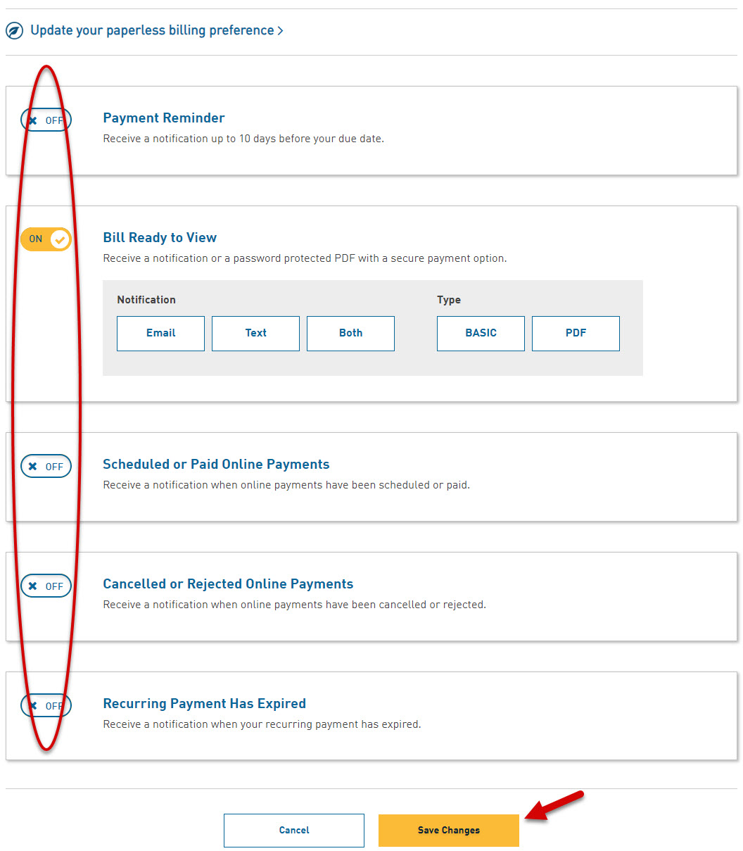 Billing and payment alert options with arrow pointing to save changes