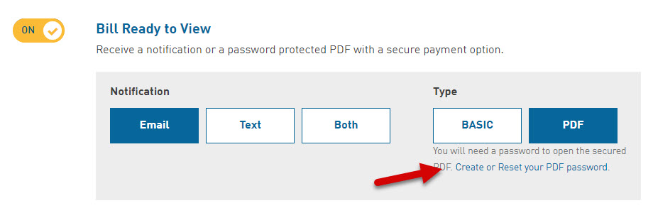 Arrow pointing at create or reset PDF password