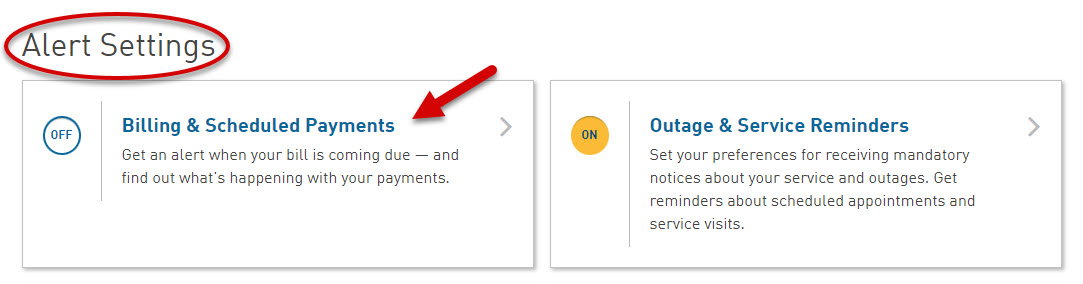 Alert settings circled with an arrow pointing at billing and scheduled payments