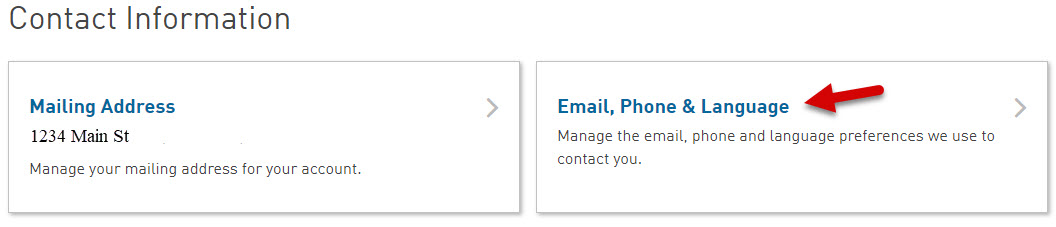 update contact information with arrow pointing at email, phone, and language