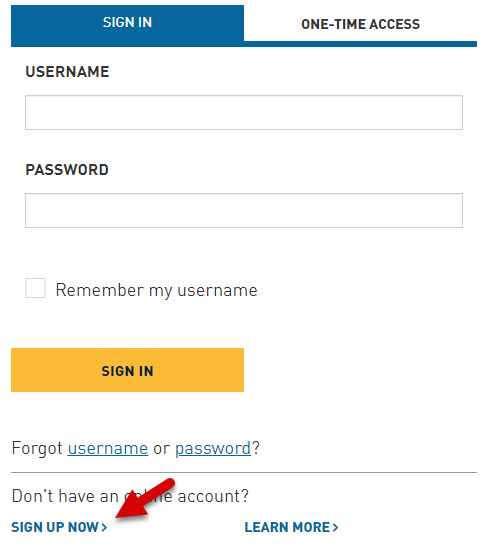 log in screen with arrow pointing to sign up now for new user registration