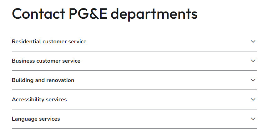 contact PG&E departments section of contact us page