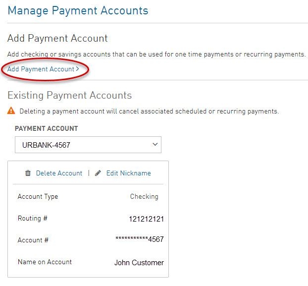 manage payment account with add payment account circled