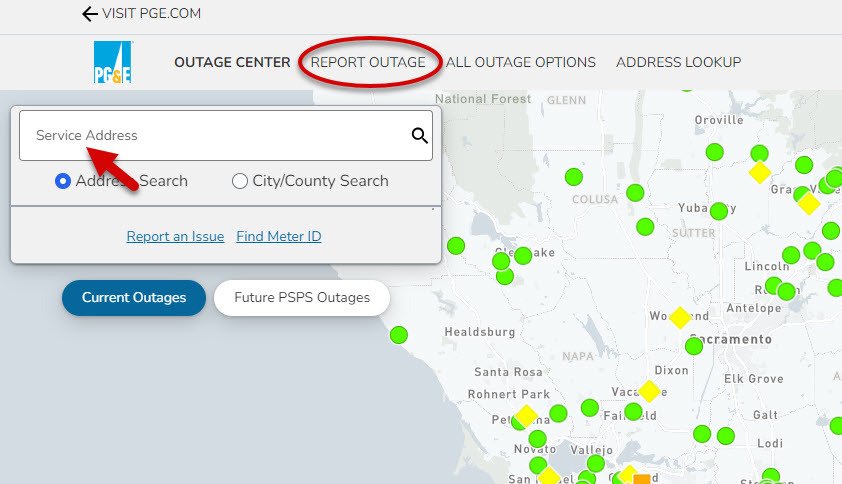 outage map with arrow to address bar and circle around report outage